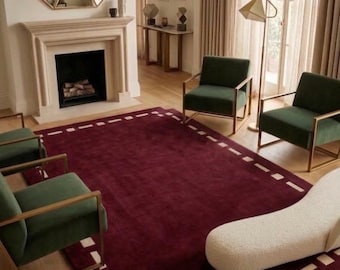 Modern Chocolate Brown Area Rug with Geometric White Dashed Border | Unique Shaped Minimalist Rug for Living Room | Contemporary Home Decor