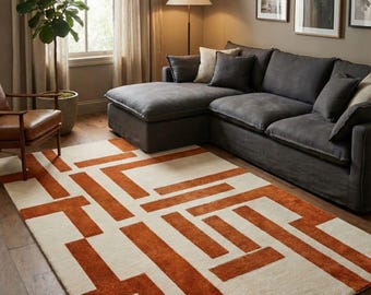 Modern abstrakt ullmatta Terrakotta- och krämfärgad geometrisk matta Handtuftad specialanpassad matta för vardagsrum och sovrum, abstrakt designermatta
