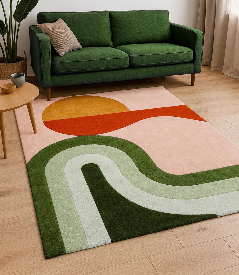 Moderner Abstrakter Handgetufteter Wollteppich, unregelmäßige Amöbenform MINT GREEN