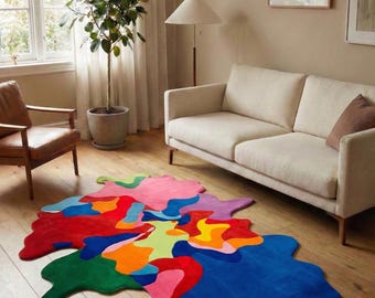 Colorful Abstract Wool Rug Modern Abstract Irregular Rug Wavy Shape Tufted Rug Organic Shape Area Rug Modern Amoeba Design Modern Home Decor