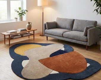 Modern Abstract Irregular Rug Hand Tufted Wool Area Rug Organic Shape Mid Century Modern Art Unique Bedroom Living Room Decor, Custom Rug