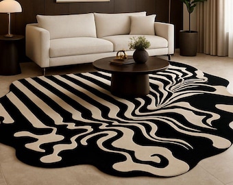 Hand getufteter Wollteppich | Schwarz und Weiß Groovy Swirl, Abstrakte Kunst