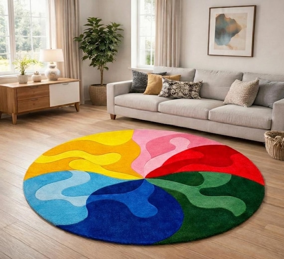 Lebhafter Abstrakter Runder Teppich Moderner Wirbelmusterteppich Boho-Kreisteppich Bunter abstrakter Wollteppich Moderner farbenfroher Kreis- Teppich