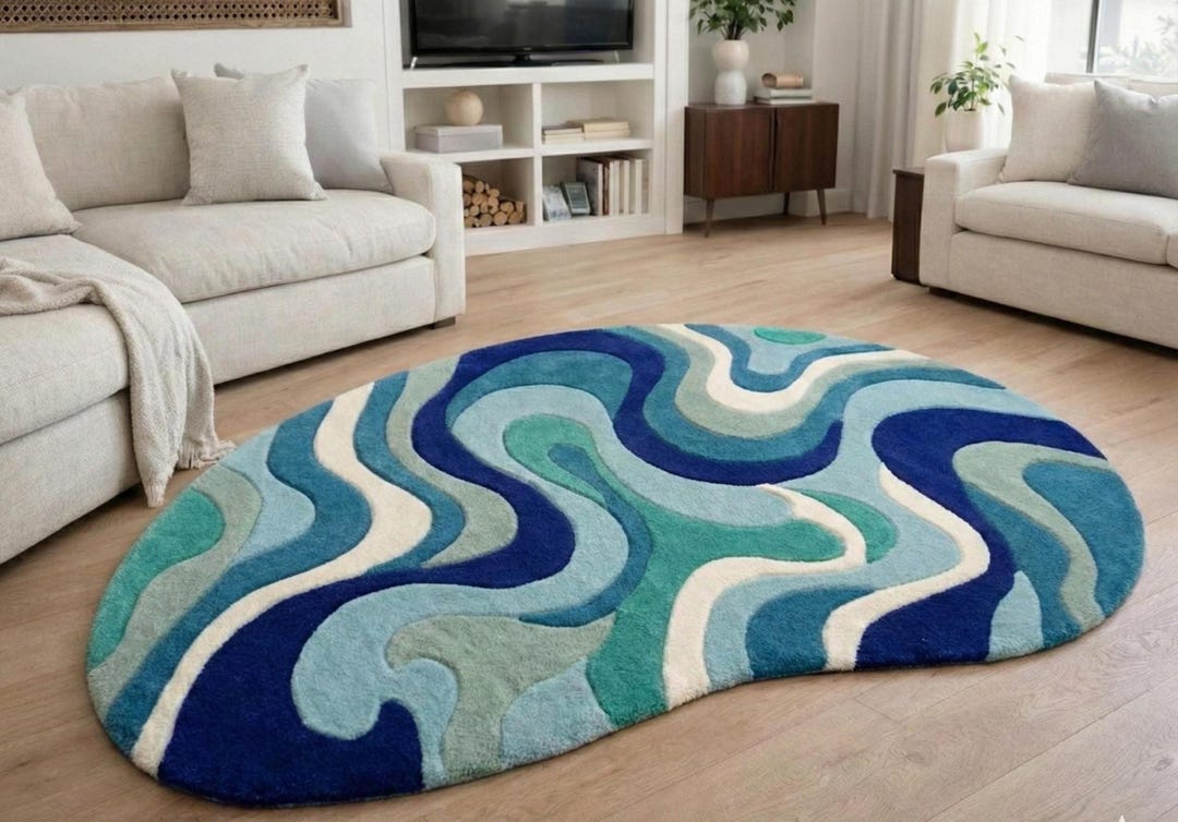 Modern Abstract Irregular Shape Rug Blue & Green Wavy Hand Tufted Wool ...