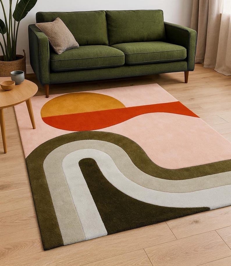 Moderner Abstrakter Handgetufteter Wollteppich, unregelmäßige Amöbenform Olive green