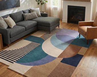 Mid Century Modern Geometric Wool Rug Abstract Hand Tufted Wool Area Rug Retro 70s Geometric Rug Navy Blue, Beige,Brown Carpet | Living Room