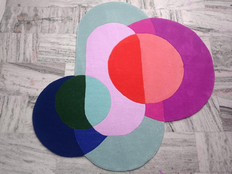 Modern Abstract Wool Rug Irregular Shape Multicolor Geometric Area Carpet Mid-Centuary Modern Rug Hand-Tufted Living Room Decor 3x3,5,5,9x9 Pink