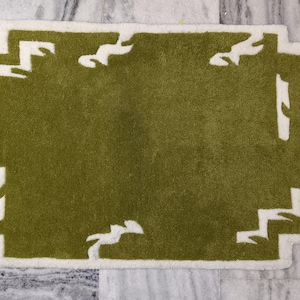 Handmade White Border Olive Green Rug - Irregular Shaped Area Rug, Modern Accent Rug, Unique Floor Mat for Living Room, Bedroom, Home Decor