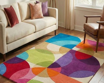 Colorful Geometric Area Rug Modern Abstract Wool Carpet Mid Century Style Hand-Tufted Statement Rug for Living Room Bedroom Custom Size