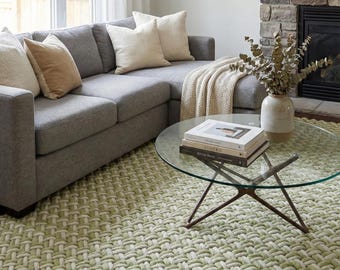 Chunky Braided Wool Rug Handmade Chunky Loop Rug Nordic Style Sage Green Handwoven Area Carpet Modern Textured Farmhouse Decor