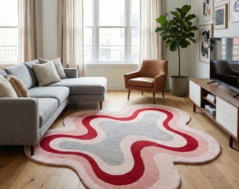 Modern Red Pink Wavy Rug Irregular Shape Hand Tufted Wool Area Rug  Mid-Century Abstract Organic Art Carpet Custom Aesthetic Bedroom Decor