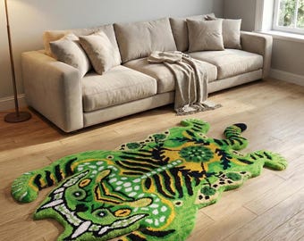 Handgetuft groen Tibetaans tijgertapijt Groen tijgertapijt Tibetaans tijgertapijt wollen vloerkleed dierenprint, kinderkamerdecor, uniek cadeau voor thuis
