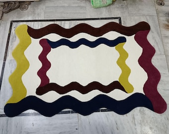 Tappeto squiggle multicolore con strisce illusion e forme irregolari, 100% lana pregiata, fatto a mano, per casa, camera da letto, soggiorno