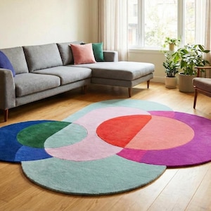 Modern Abstract Wool Rug Irregular Shape Multicolor Geometric Area Carpet Mid-Centuary Modern Rug Hand-Tufted Living Room Decor 3x3,5,5,9x9 image 1