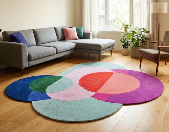 Modern Abstract Wool Rug Irregular Shape Multicolor Geometric Area Carpet Mid-Centuary Modern Rug Hand-Tufted Living Room Decor 3x3,5,5,9x9