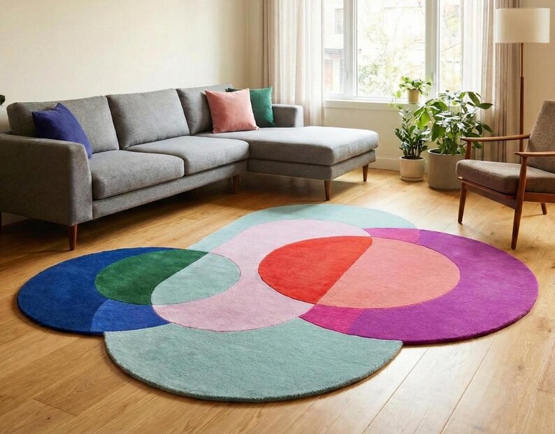 Modern Abstract Wool Rug Irregular Shape Multicolor Geometric Area Carpet Mid-Centuary Modern Rug Hand-Tufted Living Room Decor 3x3,5,5,9x9 image 1