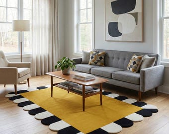 Mustard Yellow Scalloped Rug Hand Tufted Wool Area Carpet Black White Wavy Edge Mid -Centuary Modern Geometric Home Decor Custom Size