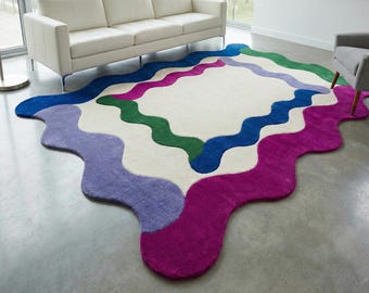 Modern abstract golvend vloerkleed kleurrijk amoebe vloerkleed onregelmatig kloddertje retro golvend regenboogtapijt handgetuft wol levendig veelkleurig accentmat