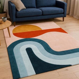 Moderner Abstrakter Handgetufteter Wollteppich, unregelmäßige Amöbenform Teal green