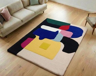Modern Abstract Colorful Rug Irregular Shape Abstract Rug Unique Design Handmade Wool Carpet Aesthetic Hand Tufted Rug Contemporary Art Deco