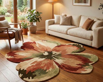 Handmade Flora Bloom Wool Rug Irregular Flower Shaped Area Rug Large Botanical Tufted Carpet for Living Room Aesthetic 70s Retro Home Decor