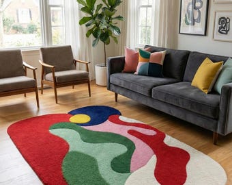 Modern Abstract Irregular Hand-Tufted Wool Rug Amoeba Shaped Rug Colorful Statement Rug Mid Century Modern Floor Art Aesthetic Home Decor