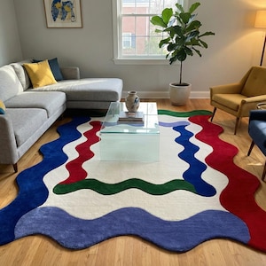 Alfombra ondulada tejida a mano, abstracta con formas irregulares, colorida con garabatos, decoración retro y moderna para sala de estar, estilo Memphis.