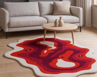 Tappeto in lana annodato a mano – Tappeto retrò ondulato, rosso e rosa