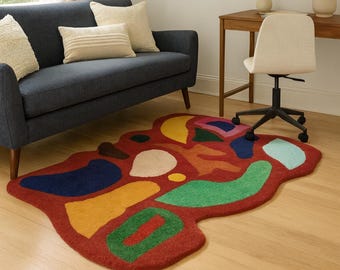 Tapis en laine tufté à la main, forme d'amibe irrégulière, motif abstrait coloré
