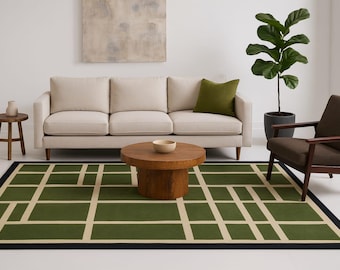 Hand-Tufted Olive Green Wool Rug – Modern Geometric Design