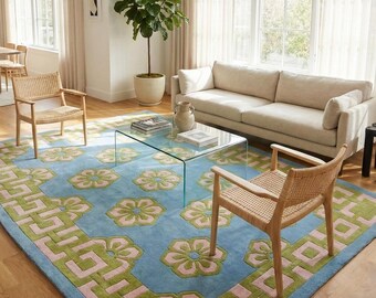 Mid Century Modern Rug Retro Floral Area Rug Aqua Blue Pink Green Geometric Carpet 70s Vintage Style Home Decor Hand Tufted Wool Accent Mat