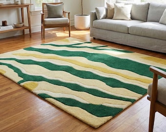 Handmade Wool Rug Green & Mustard Wavy Abstract Area Carpet Modern Mid-century Organic Shape Tufted Rug for Living Room, Bedroom  Home Decor