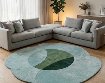 Hand Tufted Wool Rug | Modern Abstract Area Rug | Organic Shape Rug Aesthetic Green & Blue Carpet | Custom Irregular Mat | Luxury Home Decor