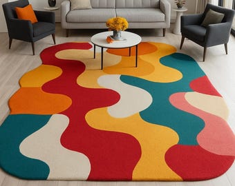 Colorful Wool Hand Tufted Rug | Abstract Wavy Carpet