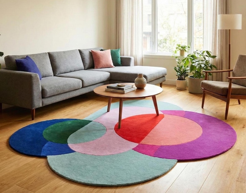 Modern Abstract Wool Rug Irregular Shape Multicolor Geometric Area Carpet Mid-Centuary Modern Rug Hand-Tufted Living Room Decor 3x3,5,5,9x9 image 12
