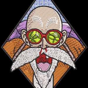 Puede incluir: Parche bordado que representa un personaje de dibujos animados con la cabeza calva, bigote blanco y gafas de sol rojas. La boca del personaje está abierta, revelando una lengua rosa. El fondo incluye un cielo azul, palmeras y una forma de diamante.