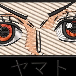 May include: Close-up of a woman's eyes with red and black embroidery. The text "ヤマト" is below the eyes.
