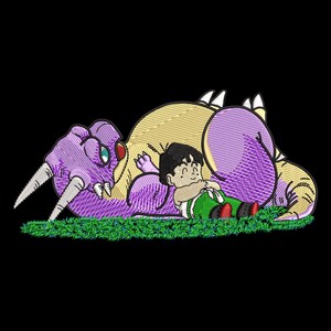 May include: An embroidered patch design featuring a purple and tan dragon-like creature lying on green grass with a small child with black hair wearing a green and white outfit resting against its side, all set against a solid black background.