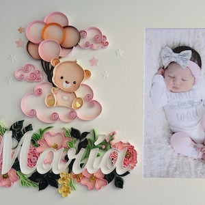 Dipinto quilling per bambino, cornice ritratto quilling, regalo bambino, nascita, nome quilling personalizzato, baby shower, pittura bambino, filigrana