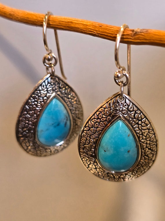 Sterling Silver Ornate Turquoise Teardrop Earrings