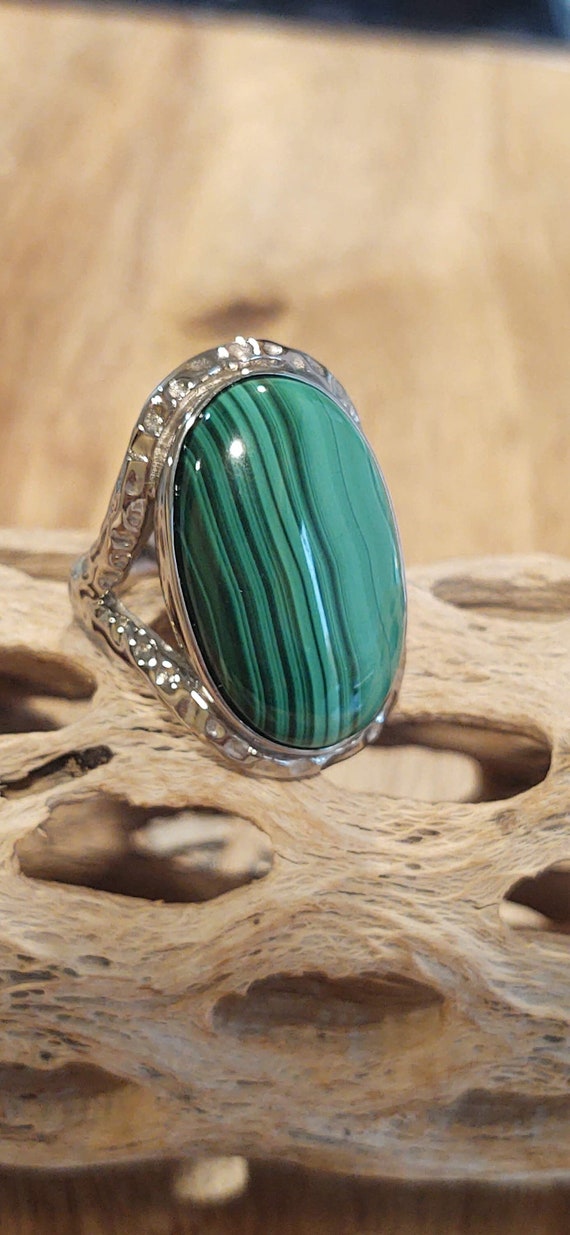 Large Oval Malachite Cocktail Ring, stainless ste… - image 1