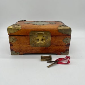 Vintage Chinese Jewelry Box, with Brass Accents, Jade Inlay and Original Brass Lock and  Key, Red Silk Lining