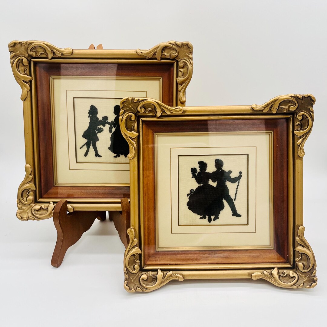 Vintage Needlepoint Silhouette Pair: Romantic Victorian Scene in Gilt ...