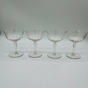 Vintage Set of 4 Coupe / Sherbet Glasses, Panelled, Etched Glass