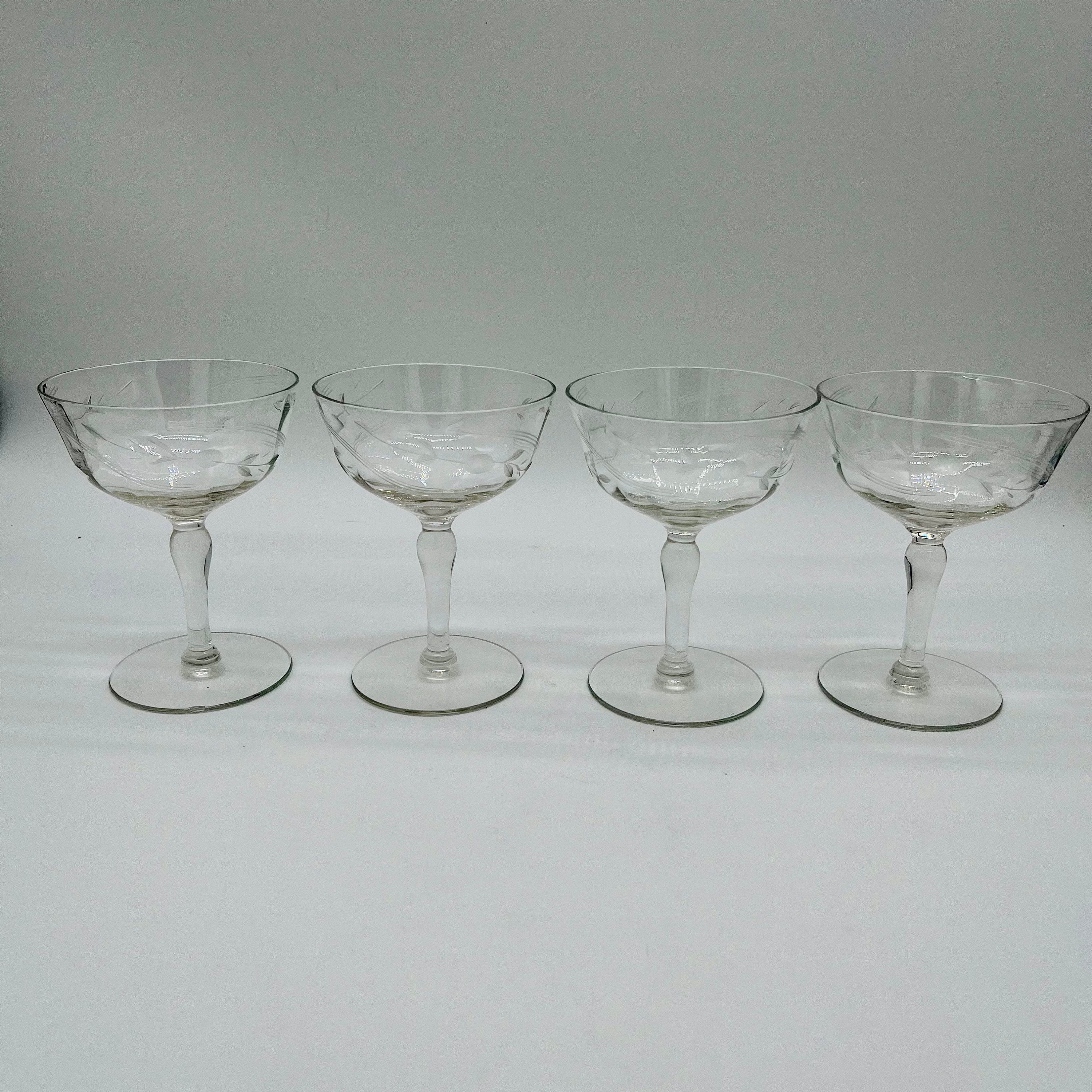 Vintage Set of 4 Coupe / Sherbet Glasses, Panelled, Etched Glass