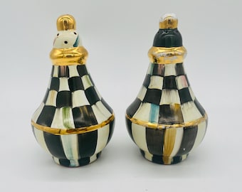 Vintage MacKenzie-Childs Courtly Check Majolika Salz- und Pfefferstreuer, handgemalt, Künstler signiert