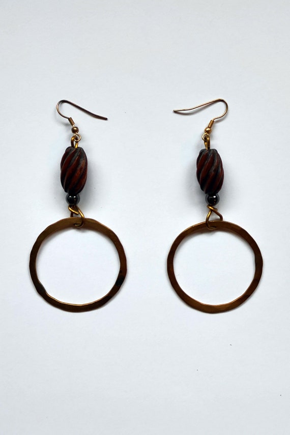 A-3 Earrings - wooden beads, metal hoop - image 1