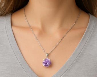 Purple CZ Solitaire Pendant Necklace: 925 Sterling Silver, Elegant Gift