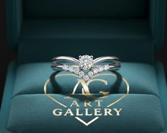 Sterling Silver V-Shaped Ring Set: Cubic Zirconia Bridal Engagement