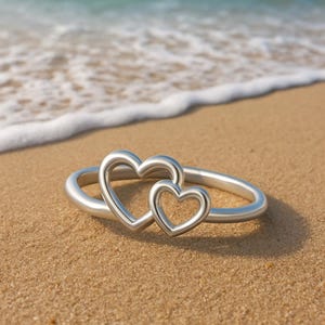 Double Heart Ring, 925 Sterling Silver Promise Ring, Minimalist Open Heart Ring, Couples Jewelry in Silver, Gold & Rose Gold